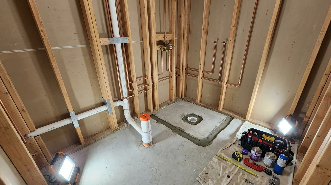 Bathroom rough-in plumbing during remodel by Johns Plumbing LLC in Newcastle