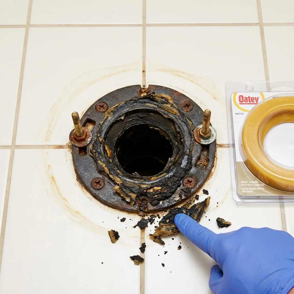 Failed wax ring showing water seepage at the base of a toilet in a Newcastle, OK home